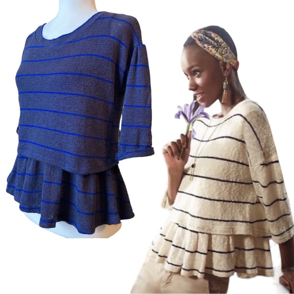Anthropologie Tops - Anthropologie Postmark Latitudes navy royal blue striped peplum top sweater XS